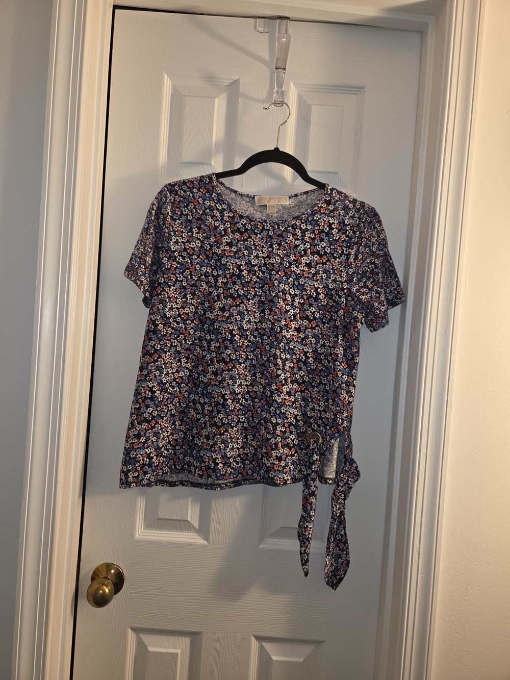 Michael Kors Navy Blue Floral Short Sleeve Tie-Front Top